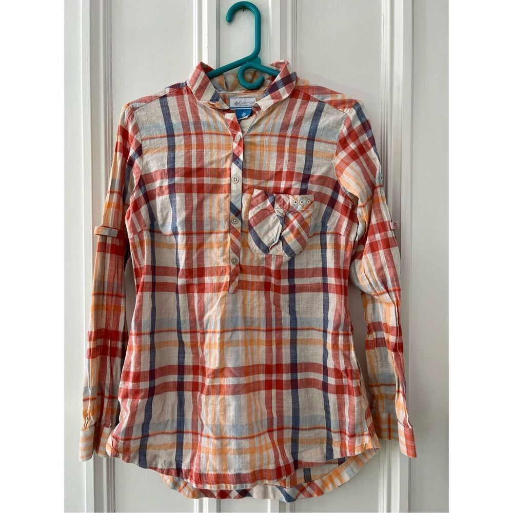 Columbia lightweight cream orange, red and purple plaid button down tunic shirt